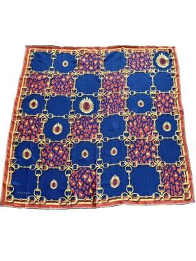 Beymen Silk Horsebit Print Square‎ Scarf Blue Red Gold Made in Turkey